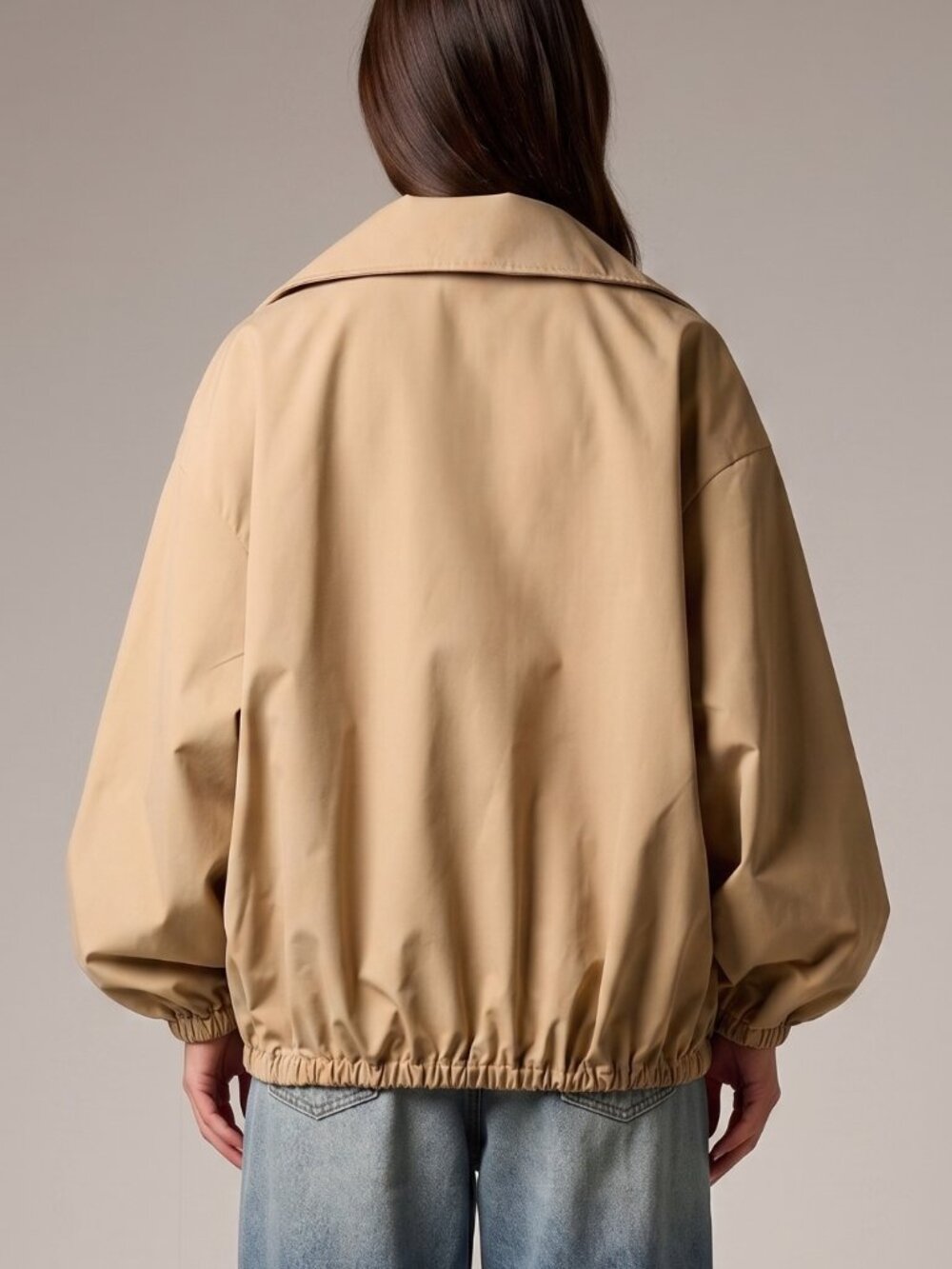Women's Beige Oversized Utility Half Zip Stand Collar Cargo Pocket Jacket - Picture 2 of 3